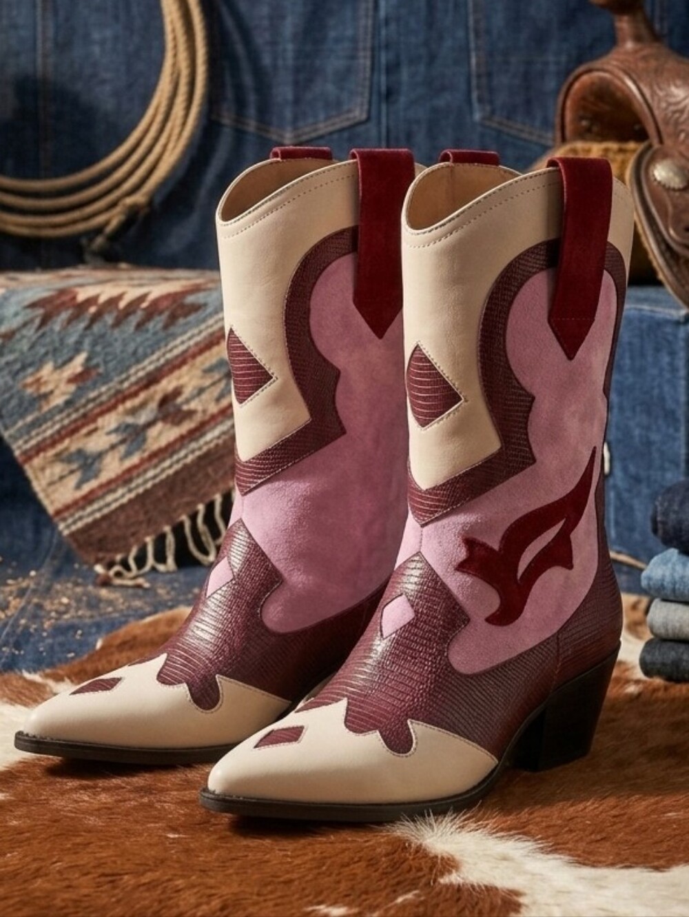 SHUSHOP Zizi Pink & Maroon Western Cowgirl Boots